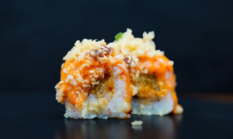 Spicy Sake Roll with double salmon and spicy mayo topping at Sushi Yaki Uttara
